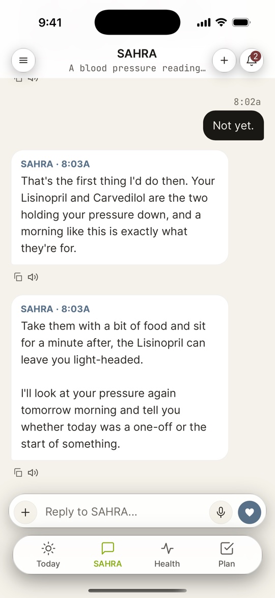 A conversation on iPhone: SAHRA reports a blood pressure of 162 over 98, says his plan asks him to tell the clinic about a reading above 150 over 90, and asks whether he has taken his morning doses.