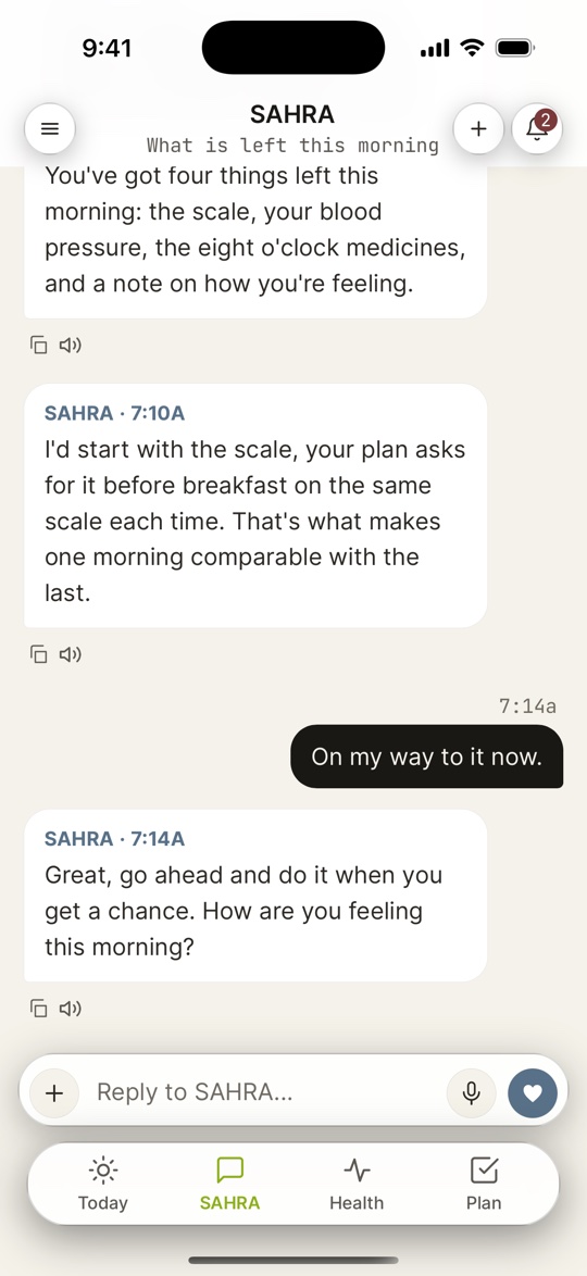 A conversation on iPhone: SAHRA says his sleep came in overnight and names the four things left this morning, starting with the scale because his plan asks for it before breakfast.