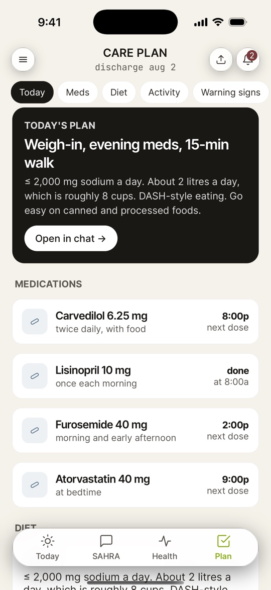 The Care plan screen on iPhone, showing today’s plan, the sodium and fluid limits the hospital set, and each medicine with how often it is taken and when the next dose is due.