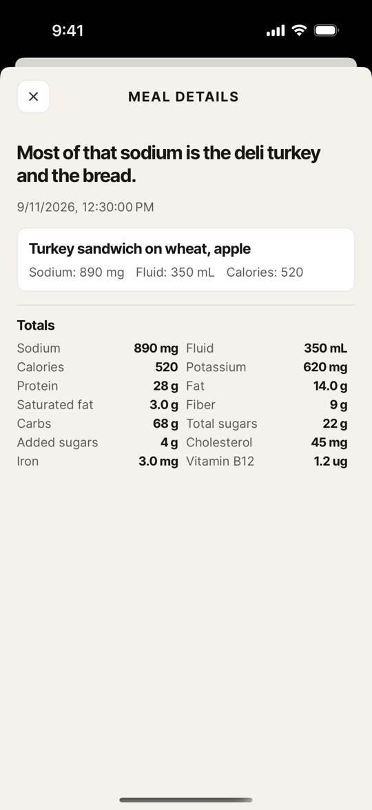 A meal opened on iPhone, showing a turkey sandwich and apple at 890 milligrams of sodium, with the full nutrient breakdown underneath.