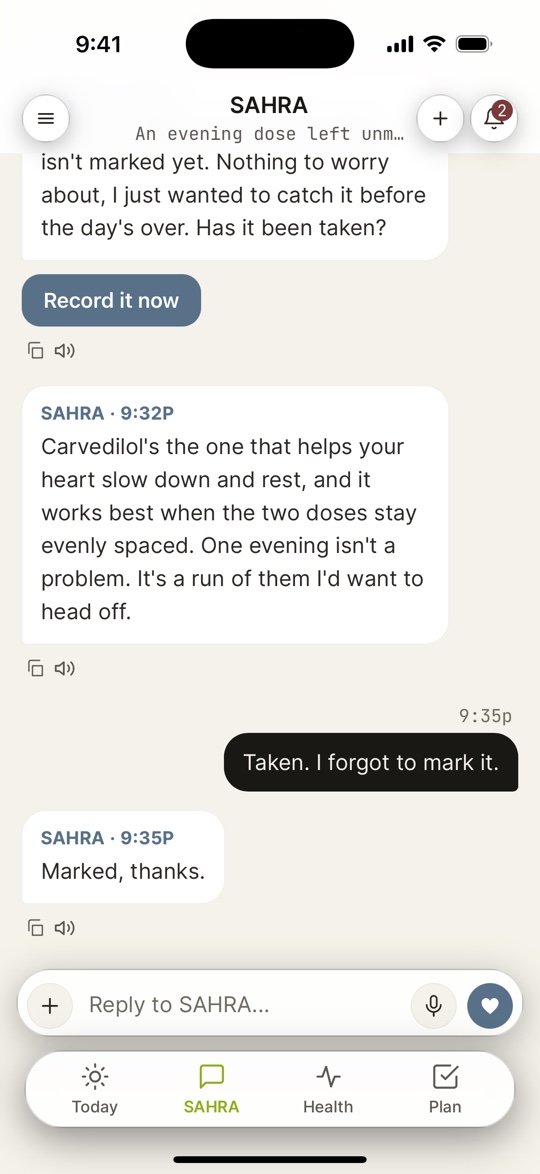 A conversation on iPhone: SAHRA says his eight o’clock dose is not marked yet, offers a button to record it, and thanks him when he says he took it.