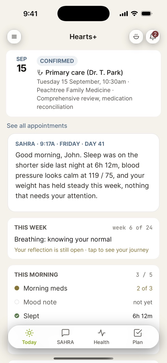The Today screen on iPhone, showing SAHRA’s morning note, the week’s self-care topic, and the morning list with two of three doses taken and sleep recorded.