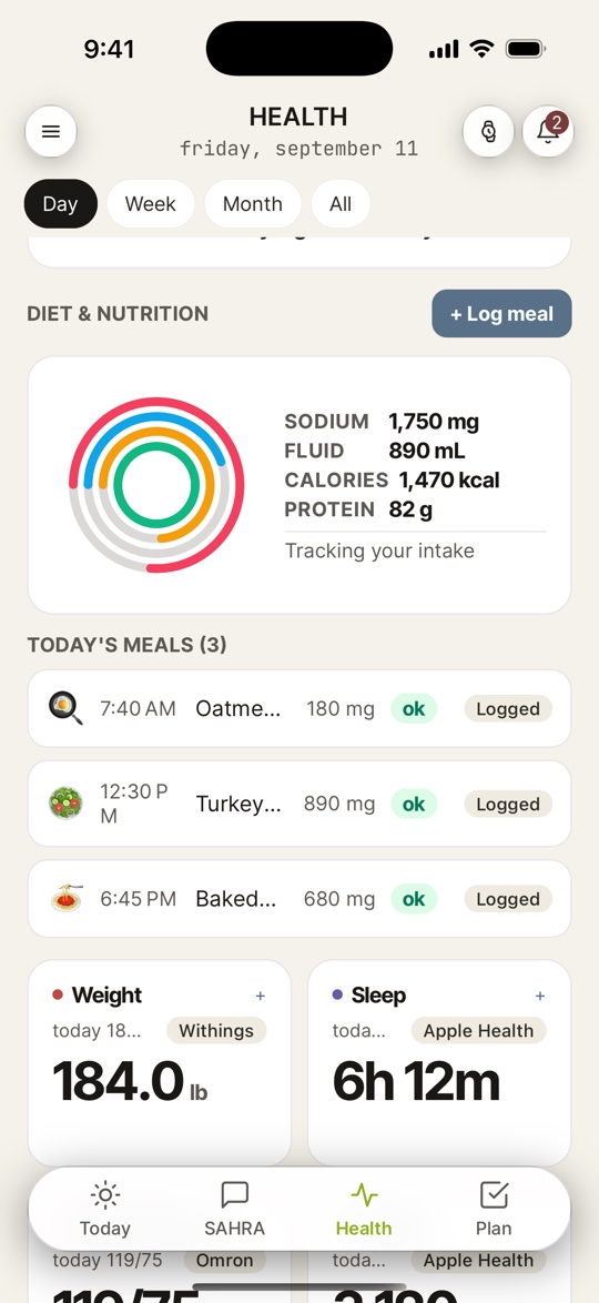 The Health screen on iPhone, showing the day’s weight of 184.0 pounds from a Withings scale beside sleep, blood pressure and the meals logged so far.